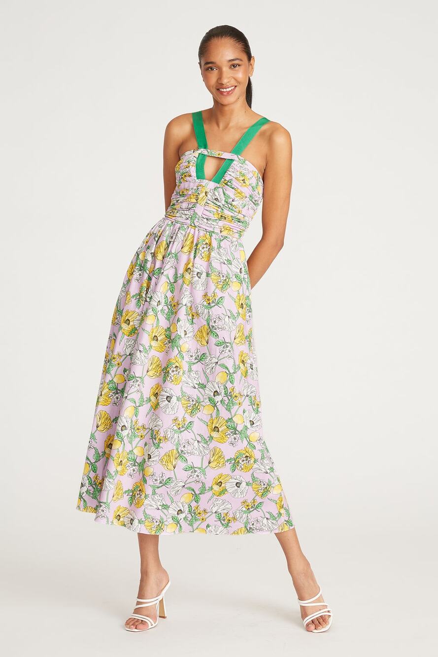 AMUR Lilac Petal Lemon Garden Purple Green V-Neck Sleeveless Leone Midi Dress 10
